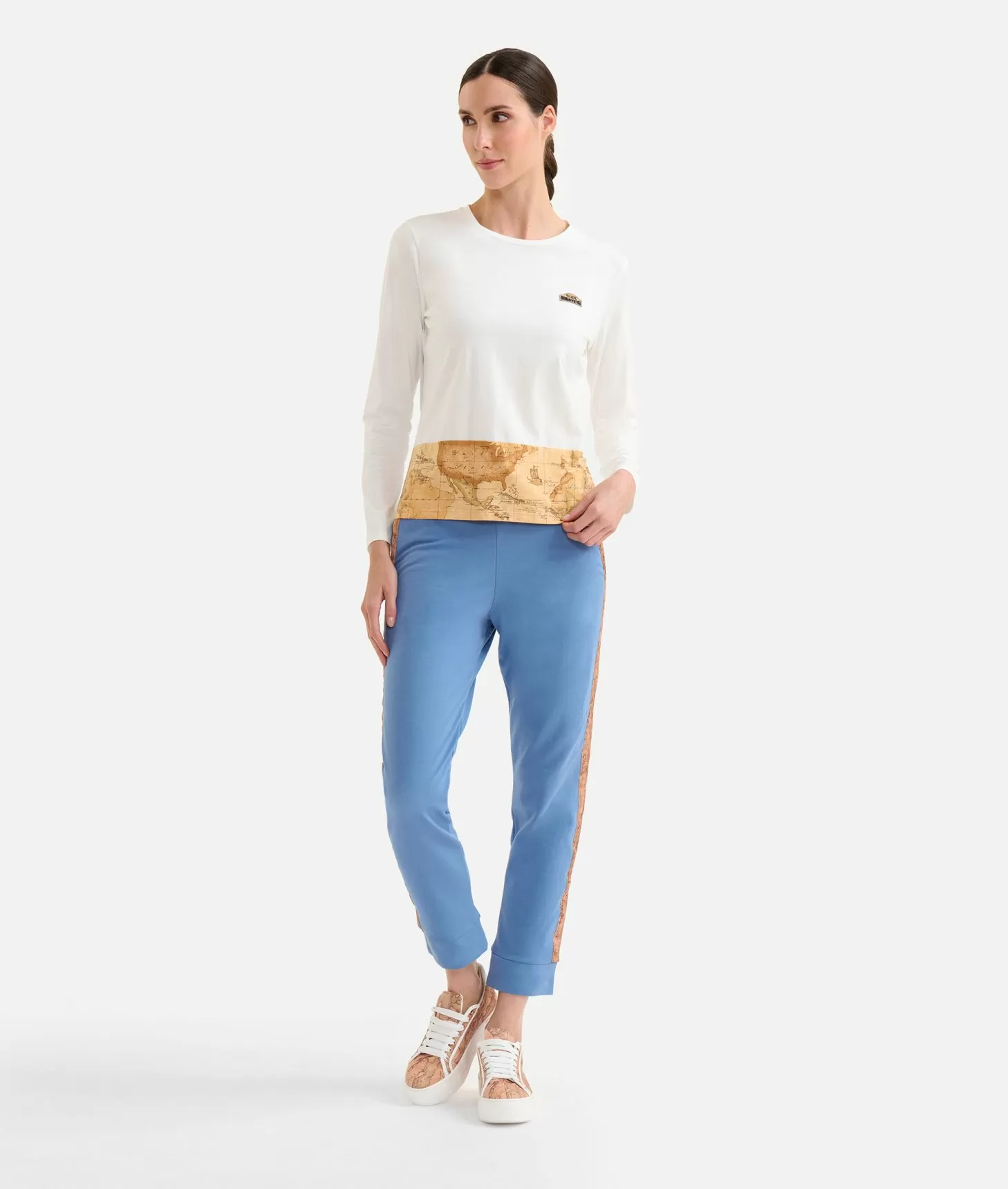 Alviero martini 1a classe T-shirt a maniche lunghe in jersey di cotone stretch con fondo Geo Classic Gesso