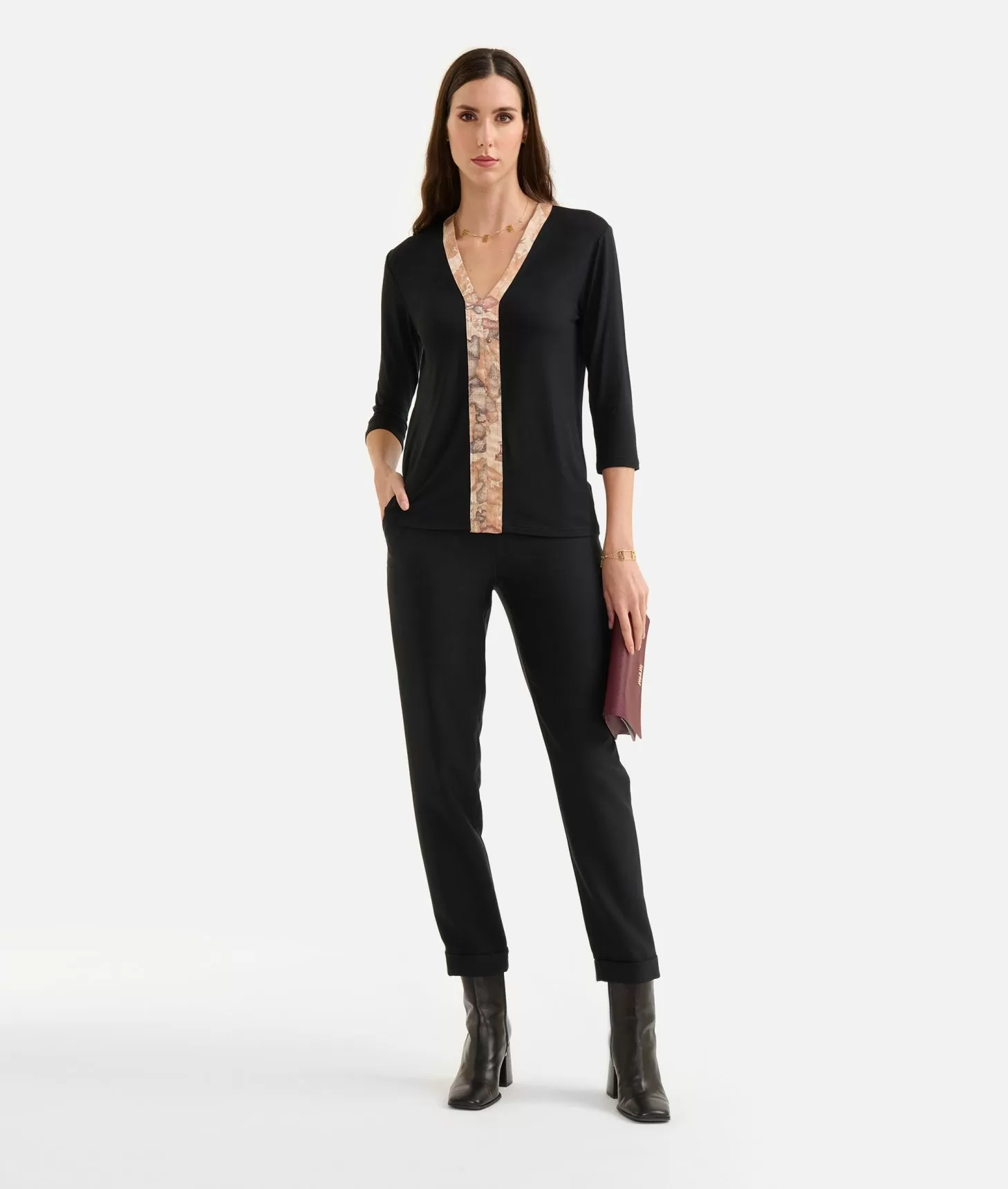 Alviero martini 1a classe T-shirt con scollo a V in jersey di viscosa stretch Nera