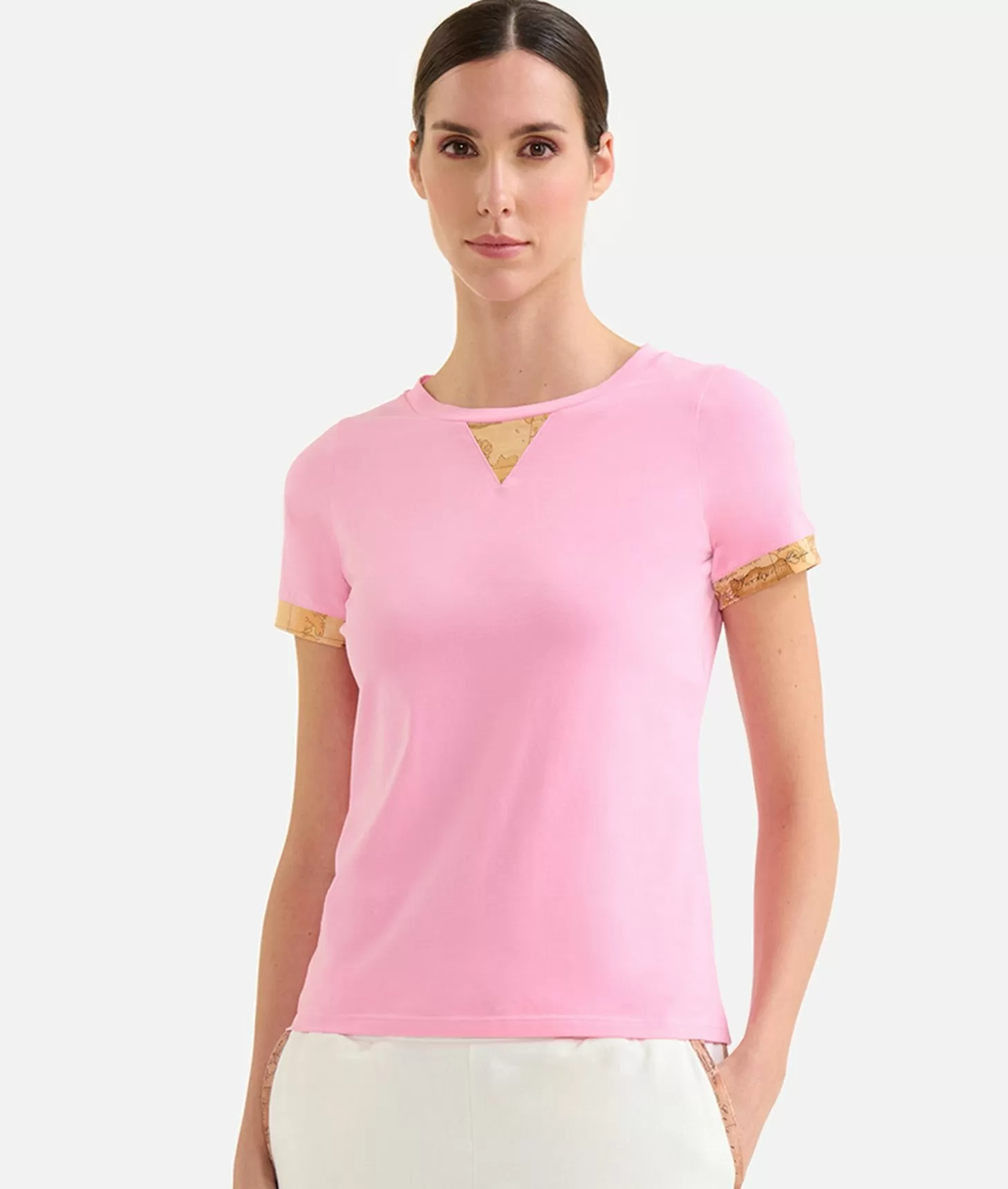 Alviero Martini 1a Classe T-shirt In Jersey Di Cotone Stretch Con Dettaglio Geo Classic Rosa Confetto