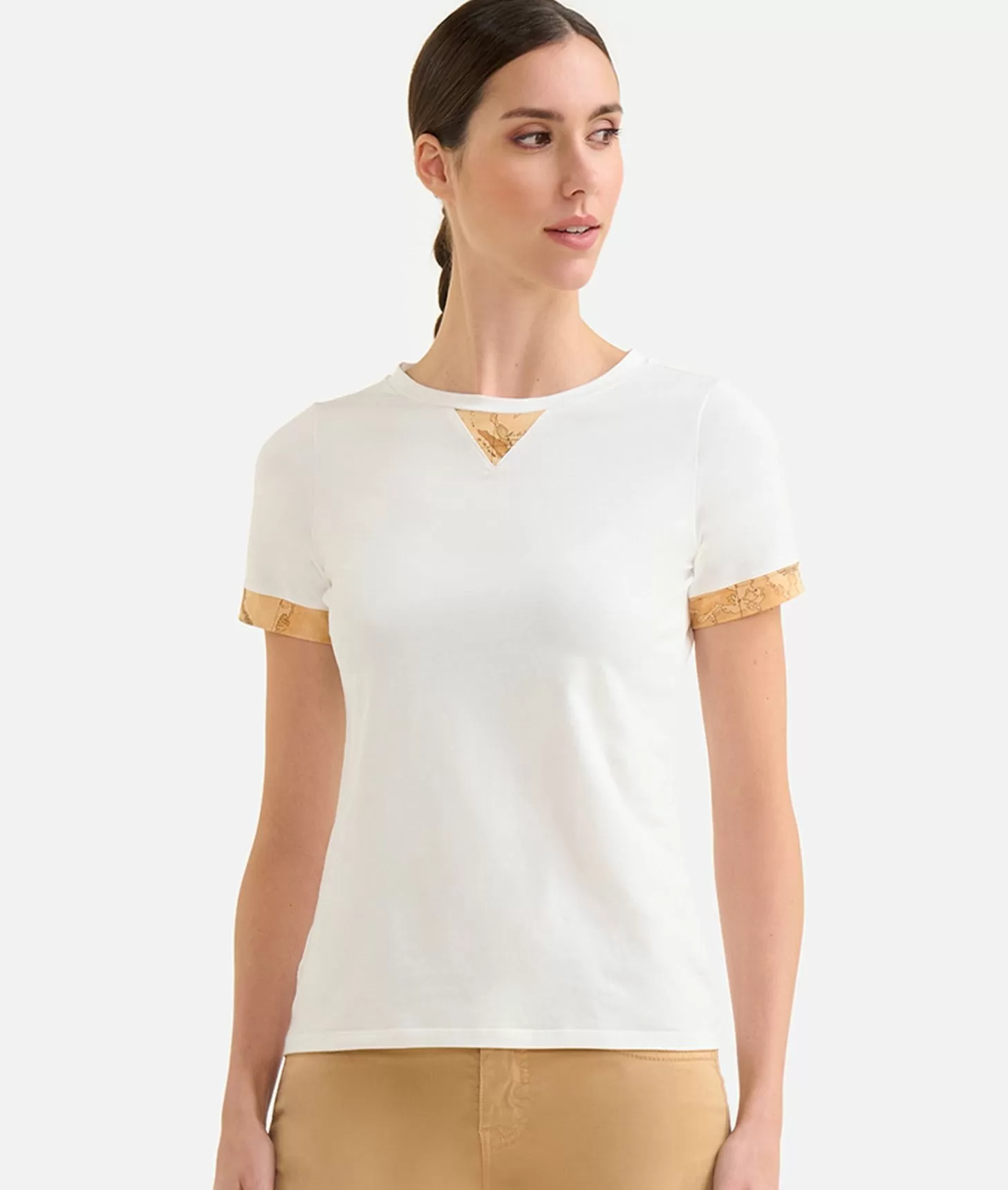Alviero Martini 1a Classe T-shirt In Jersey Di Cotone Stretch Con Dettaglio Geo Classic Gesso