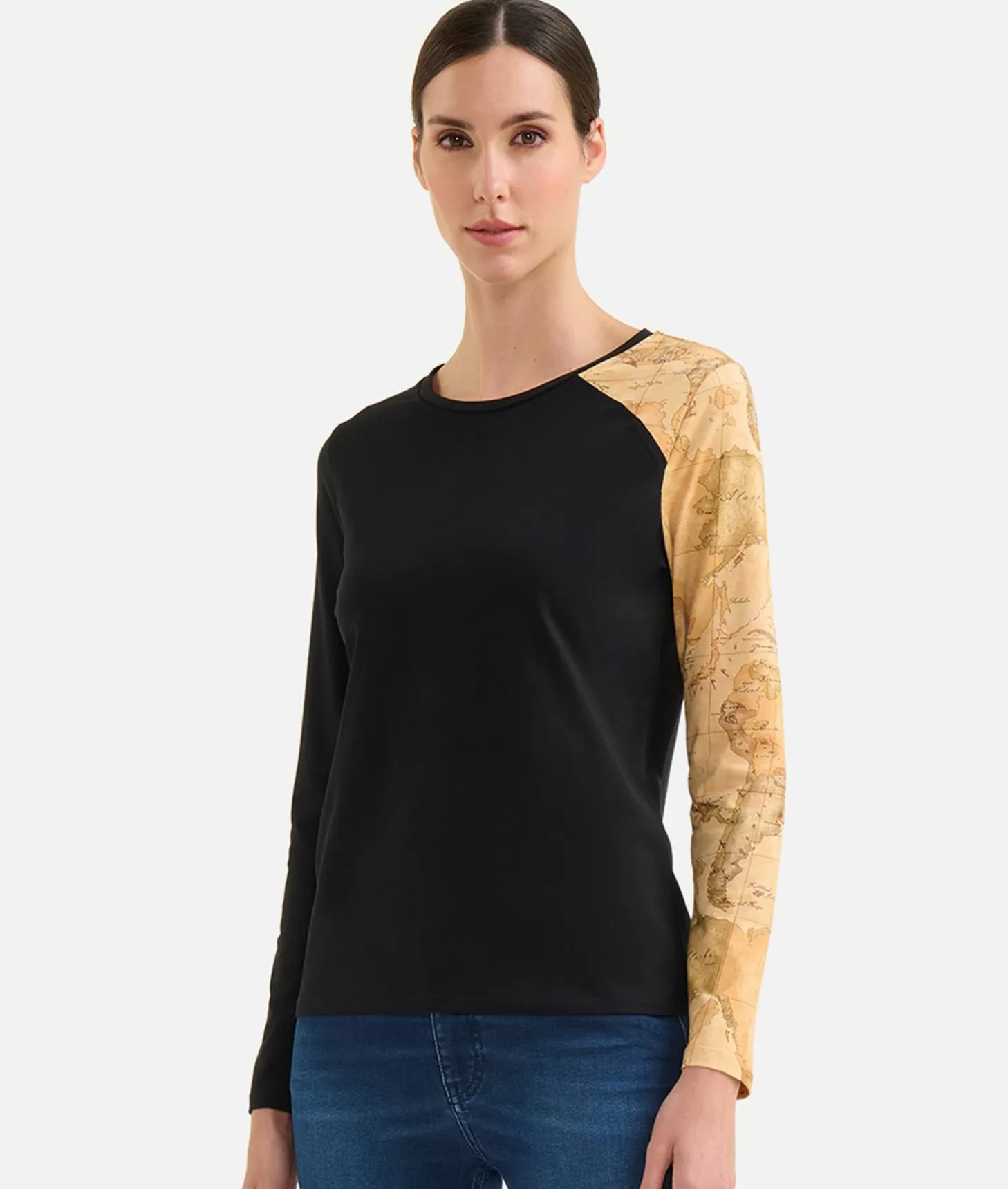 Alviero Martini 1a Classe T-shirt In Jersey Di Cotone Stretch Con Manica Geo Classic Nera