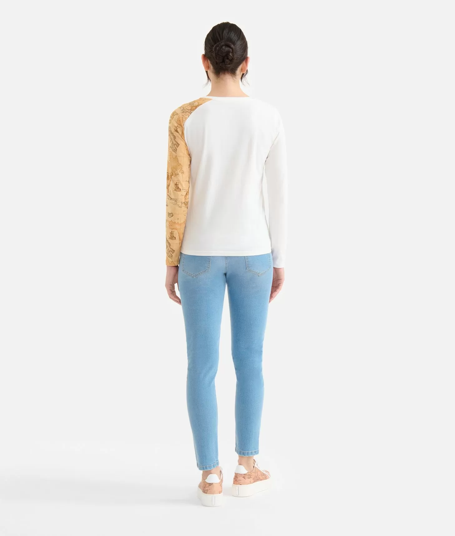 Alviero Martini 1a Classe T-shirt In Jersey Di Cotone Stretch Con Manica Geo Classic Gesso