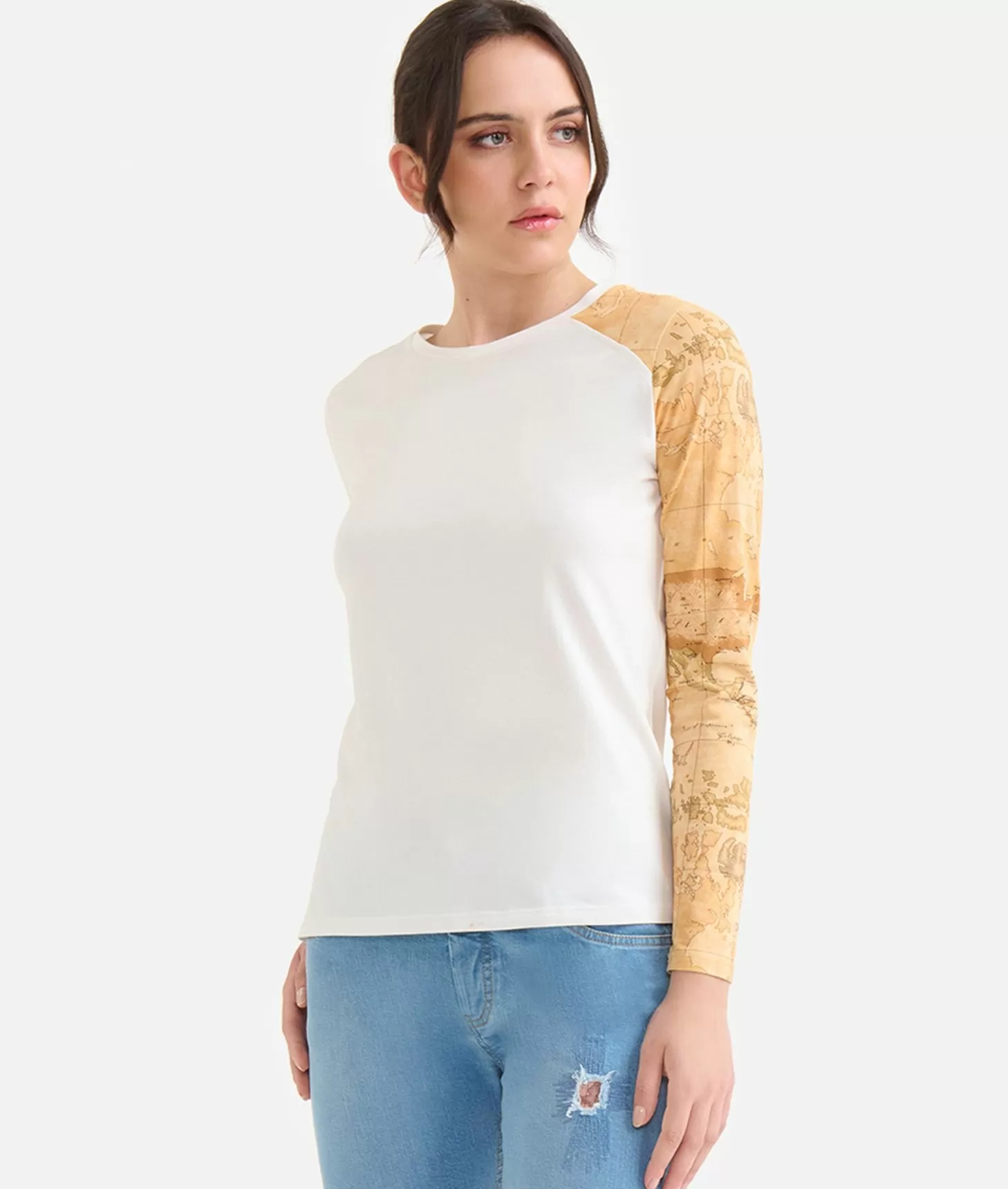 Alviero Martini 1a Classe T-shirt In Jersey Di Cotone Stretch Con Manica Geo Classic Gesso