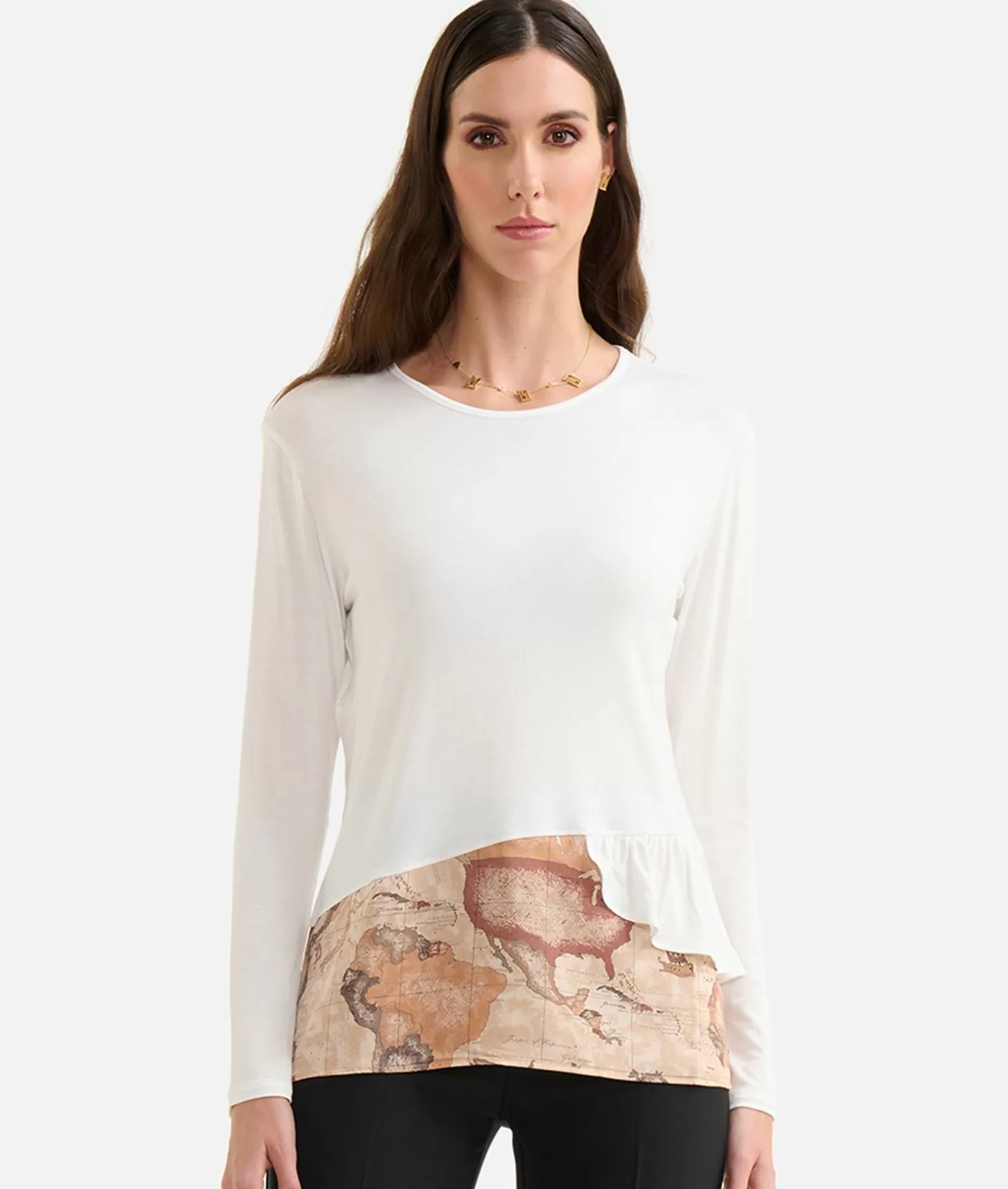 Alviero Martini 1a Classe T-shirt In Jersey Di Viscosa Stretch Con Frappa Geo Classic Naturale