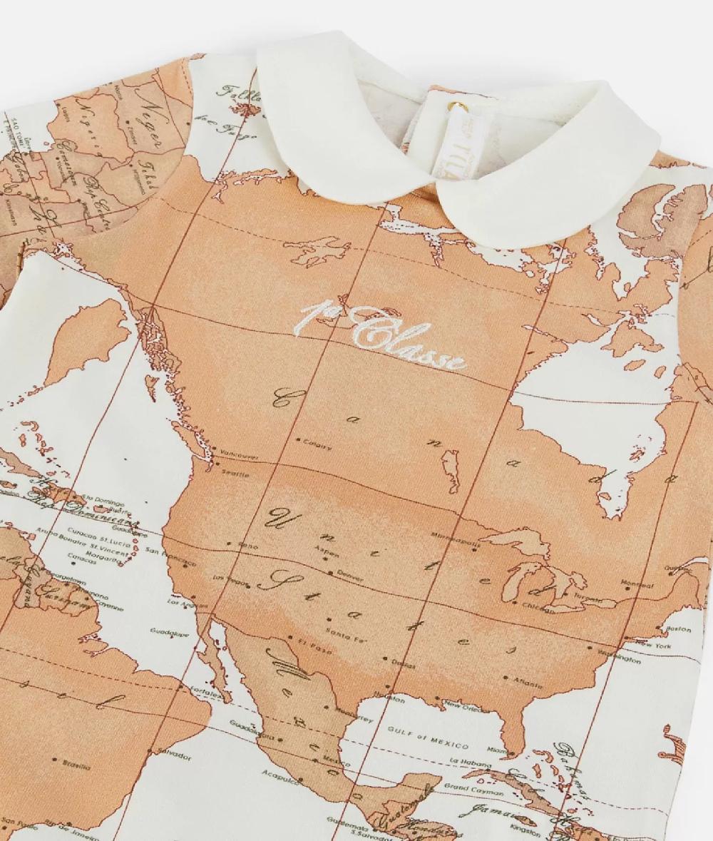 Alviero Martini 1a Classe Tutina In Cotone Con Mappa Geo Classic Panna