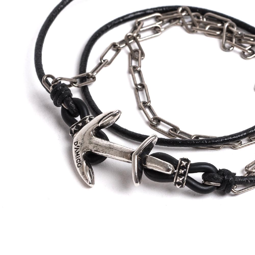 D'AMICO Bracciale Cuoio + Ancora E Catenine