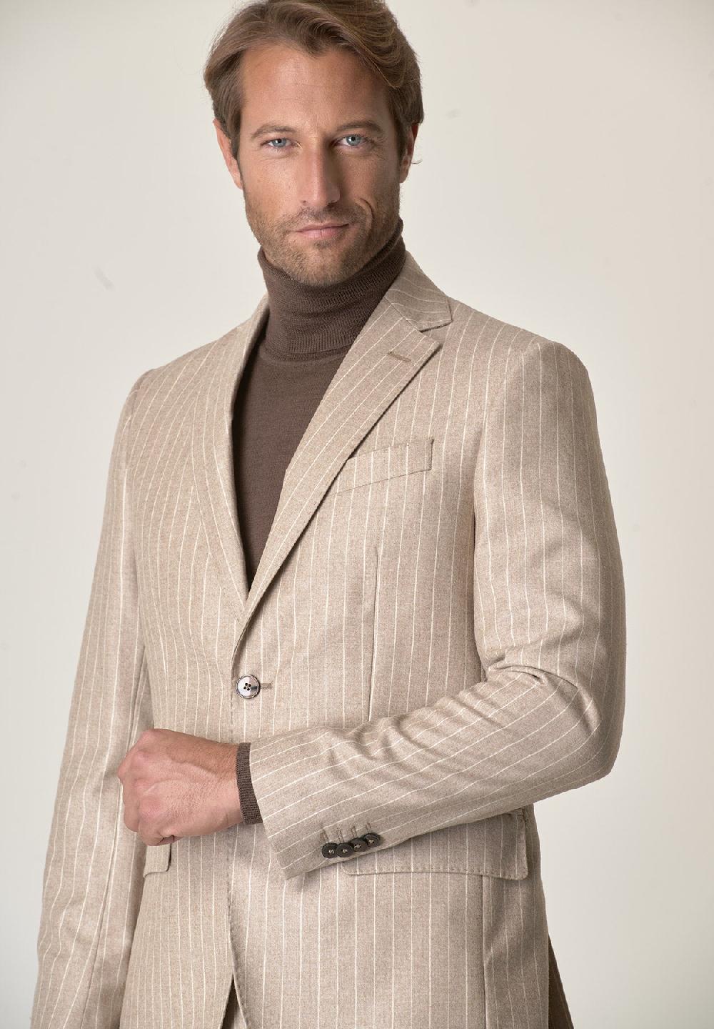 Angelico Abito Beige Gessato Flanella Lana Vergine Custom Fit