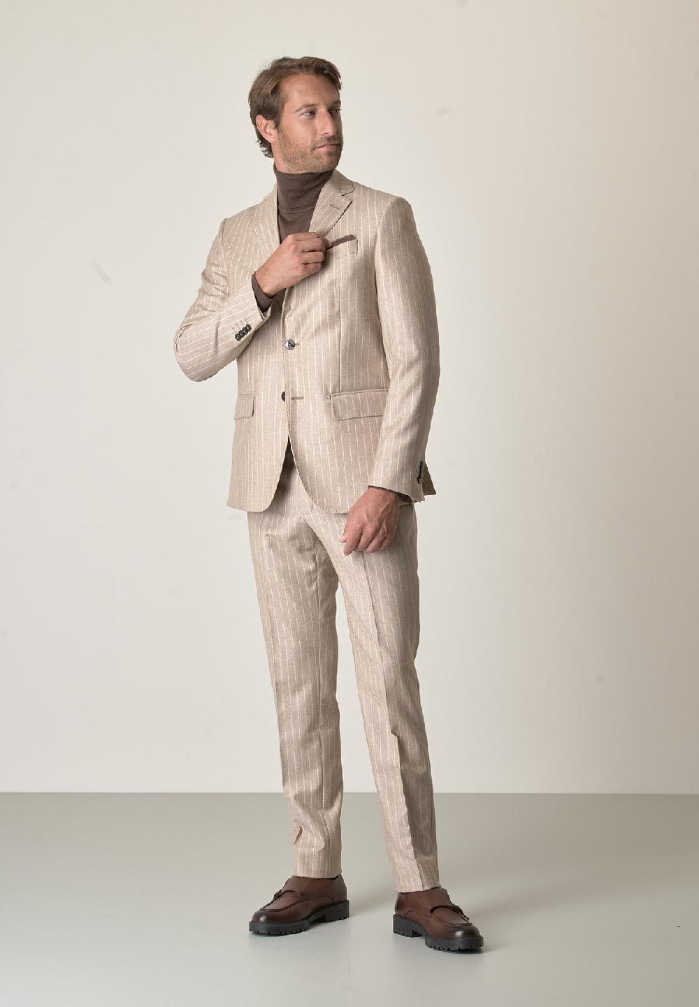 Angelico Abito Beige Gessato Flanella Lana Vergine Custom Fit