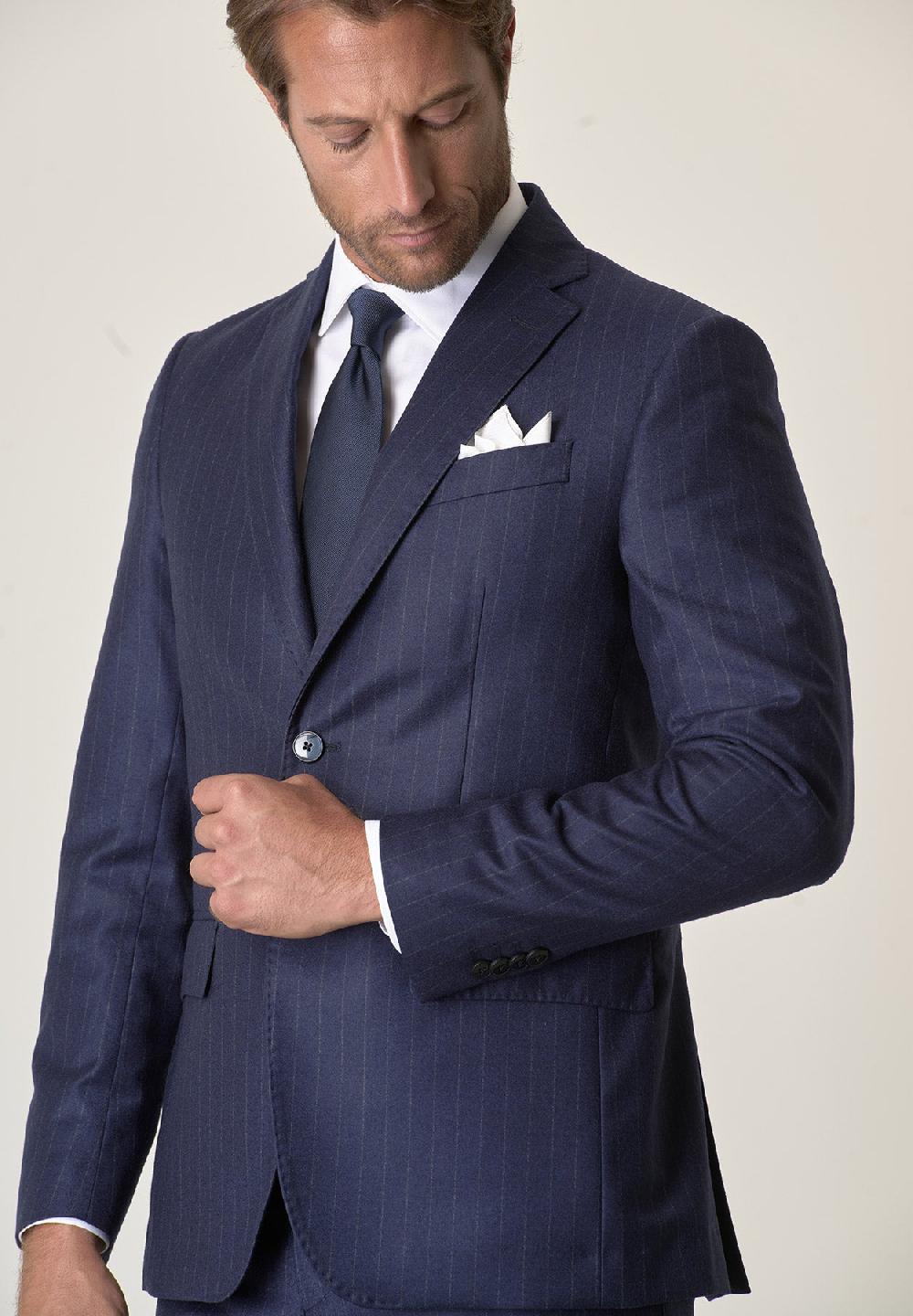 Angelico Abito Blu Gessato Flanella Lana Vergine Custom Fit