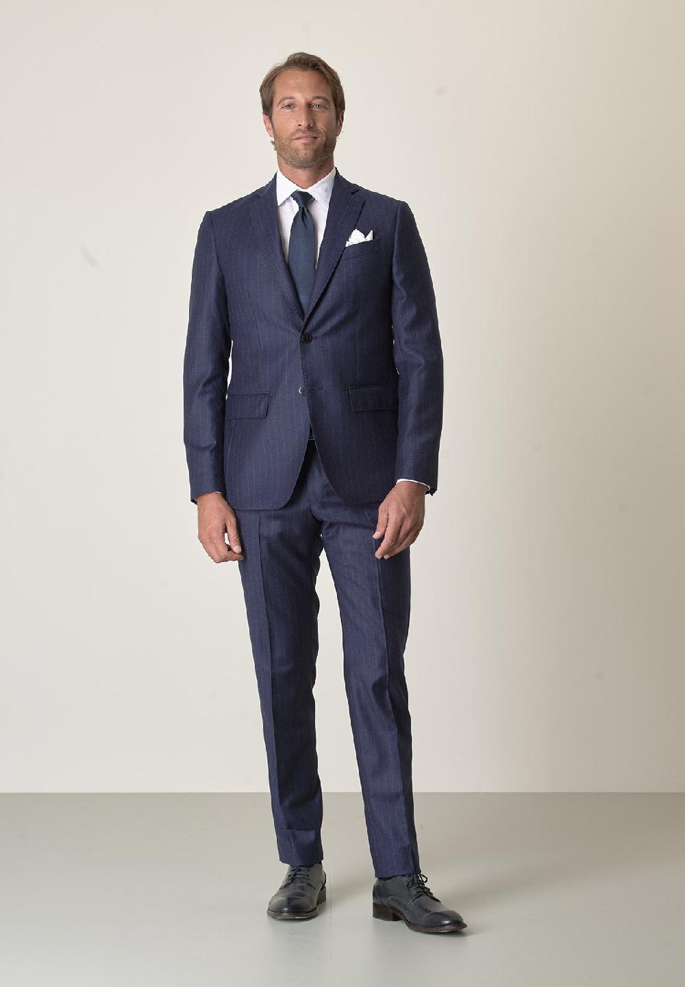 Angelico Abito Blu Gessato Flanella Lana Vergine Custom Fit