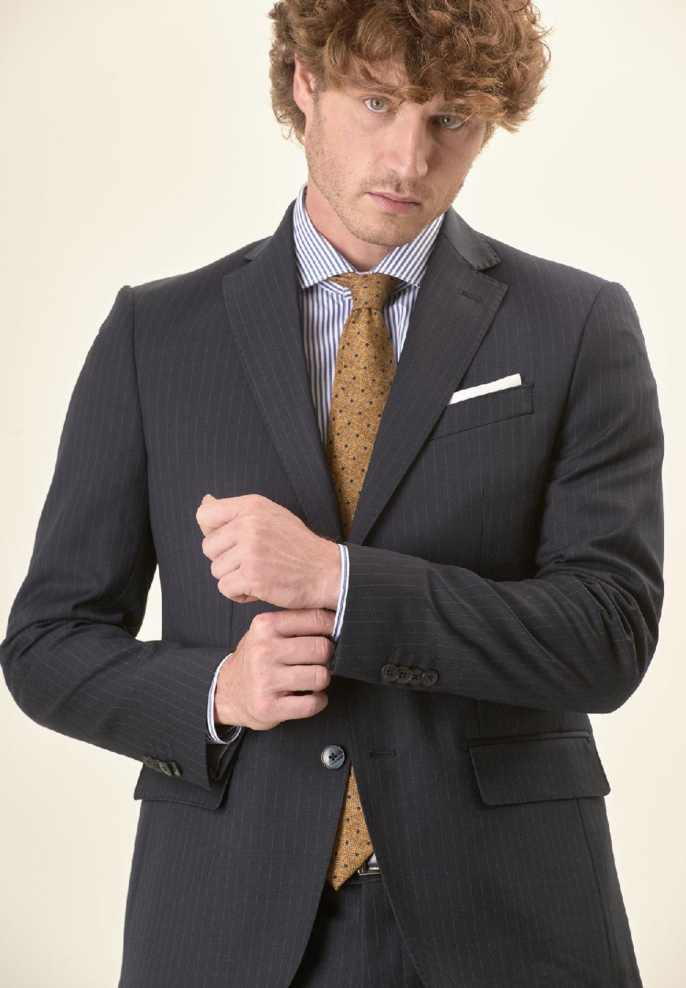 Angelico Abito Blu Scuro Gessato Lana Vergine Stretch Custom Fit