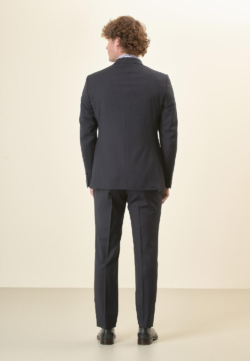 Angelico Abito Blu Scuro Gessato Lana Vergine Stretch Custom Fit