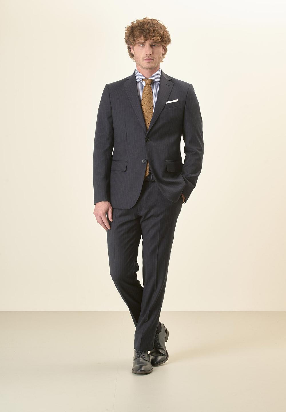 Angelico Abito Blu Scuro Gessato Lana Vergine Stretch Custom Fit