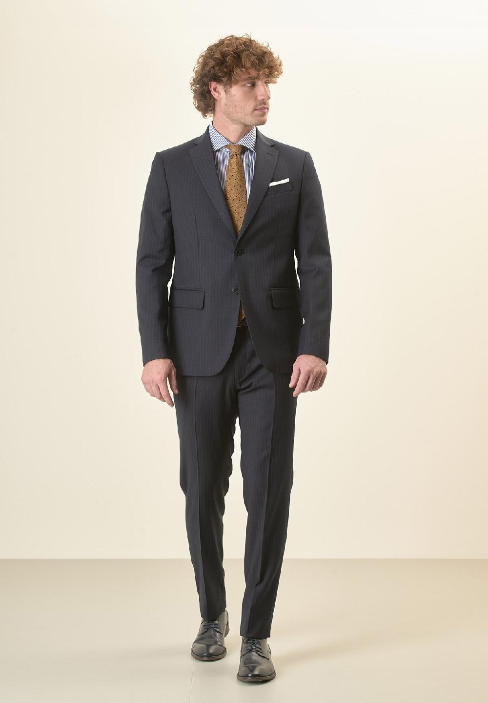 Angelico Abito Blu Scuro Gessato Lana Vergine Stretch Custom Fit Lungo