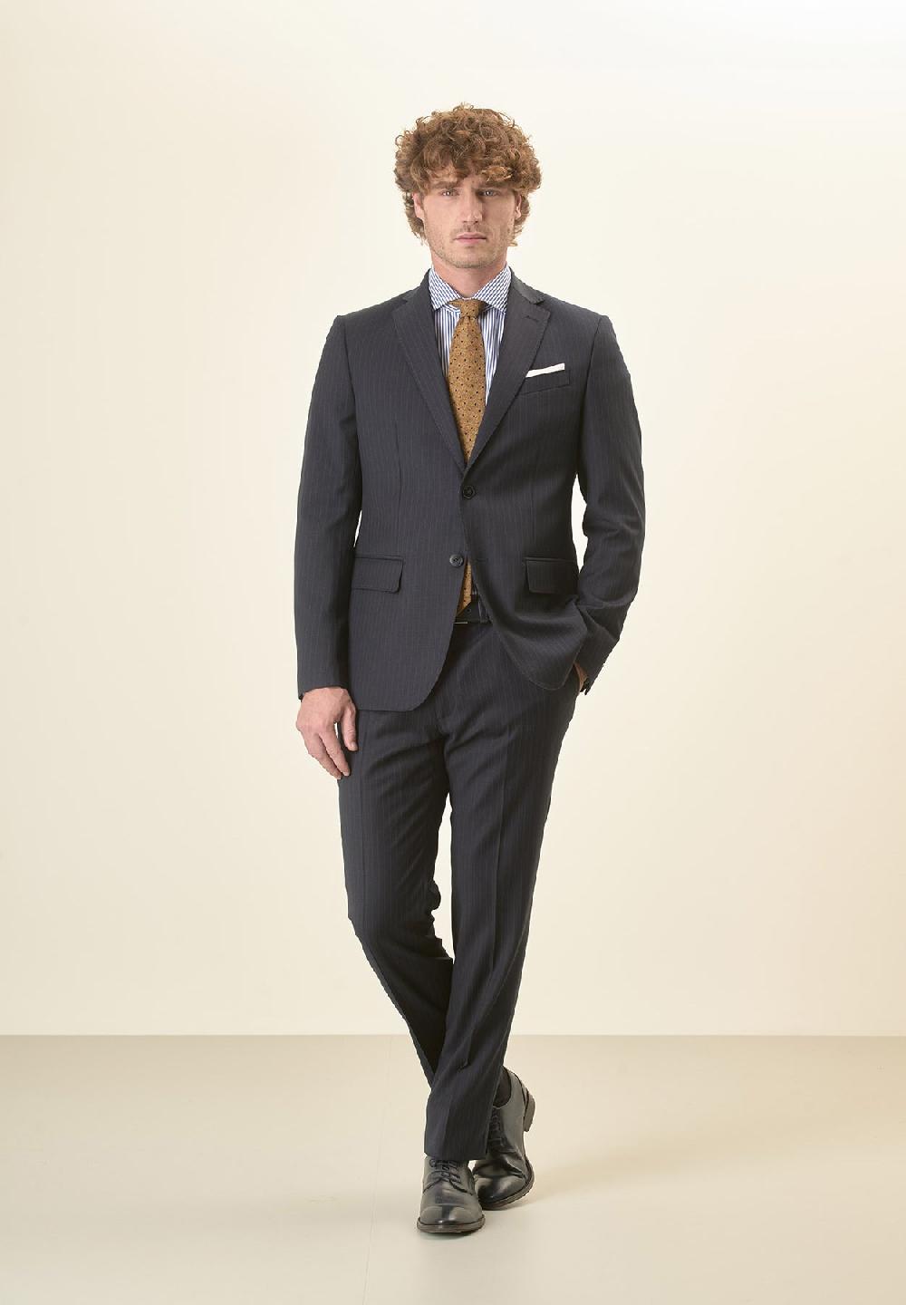 Angelico Abito blu scuro gessato lana vergine stretch custom fit lungo