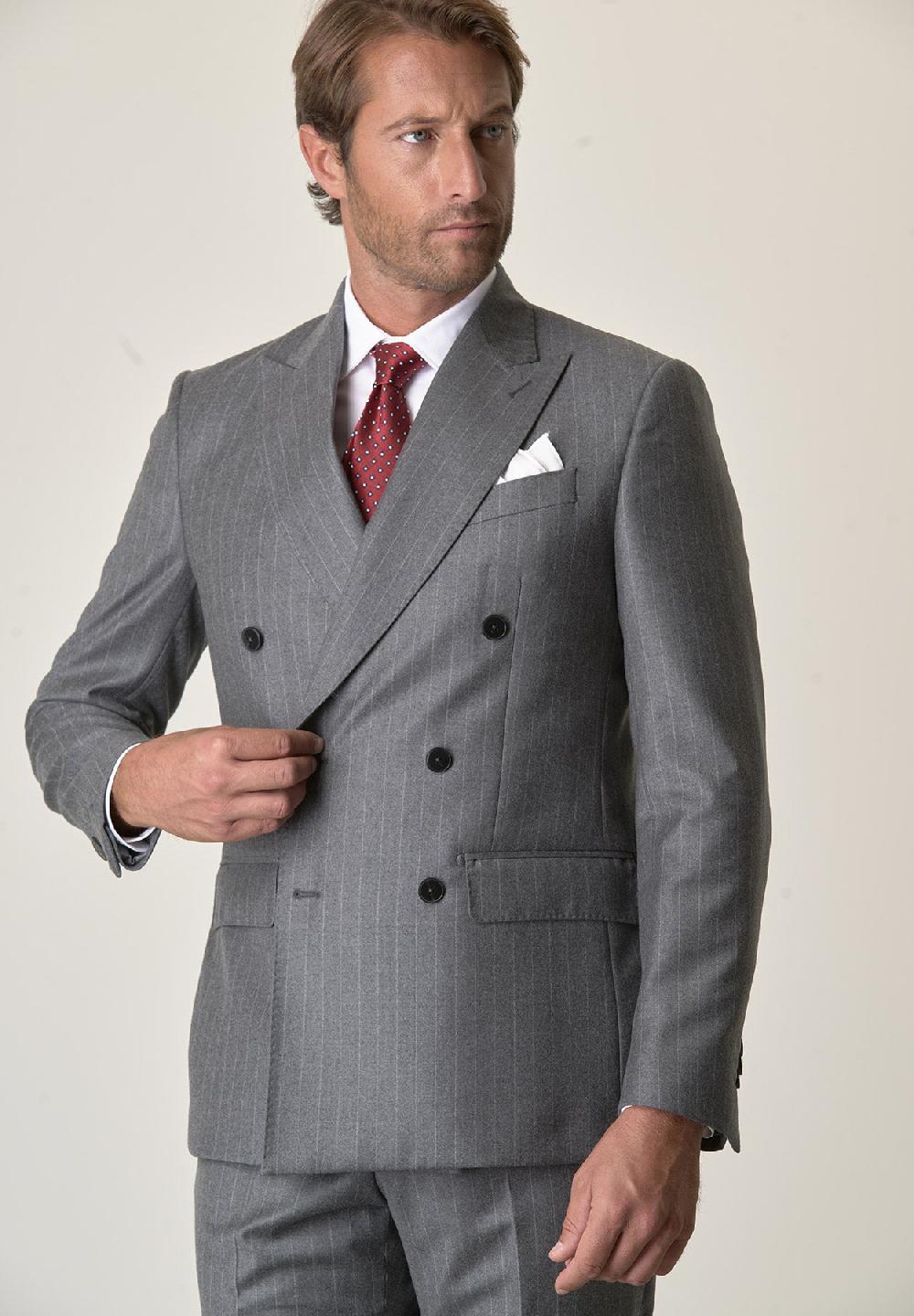 Angelico Abito Grigio Gessato Doppiopetto Flanella Lana Vergine Custom Fit