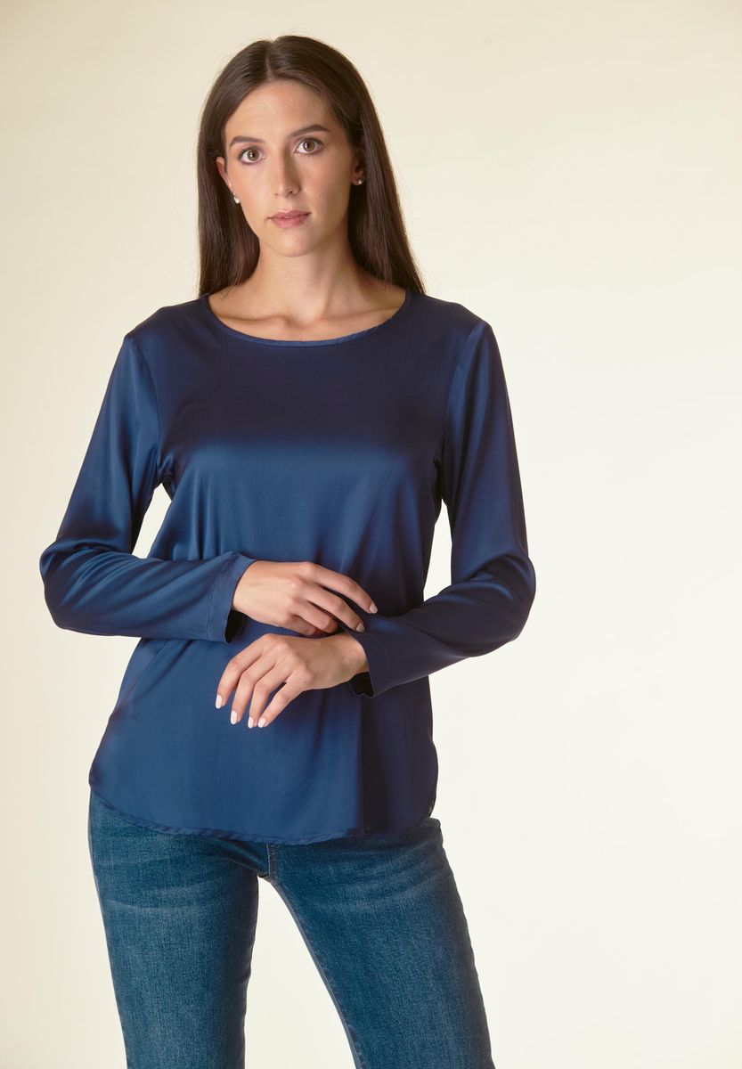 Angelico Blusa blu manica lunga raso viscosa