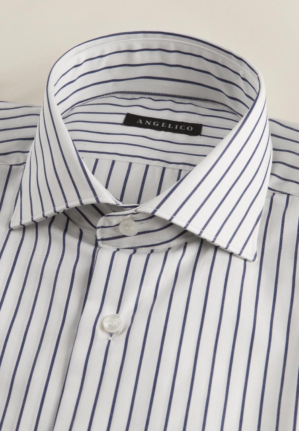 Angelico Camicia Bianca Blu Rigata Cotone Slim Fit