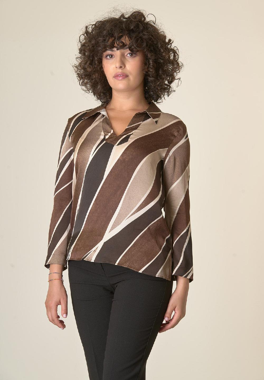 Angelico Camicia marrone fantasia panna scollo V