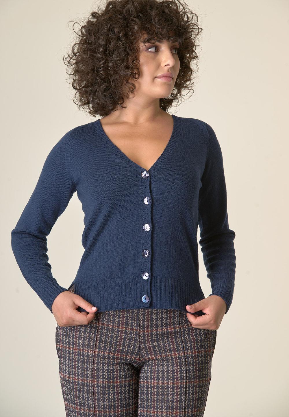 Angelico Cardigan blu lana merinos manica raglan