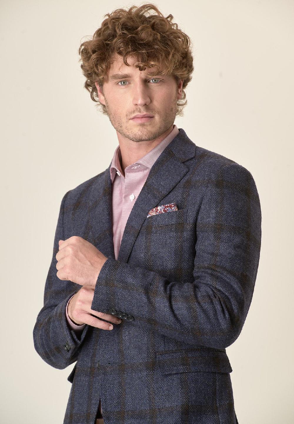 Angelico Giacca Blu Galles Lana Vergine Custom Fit