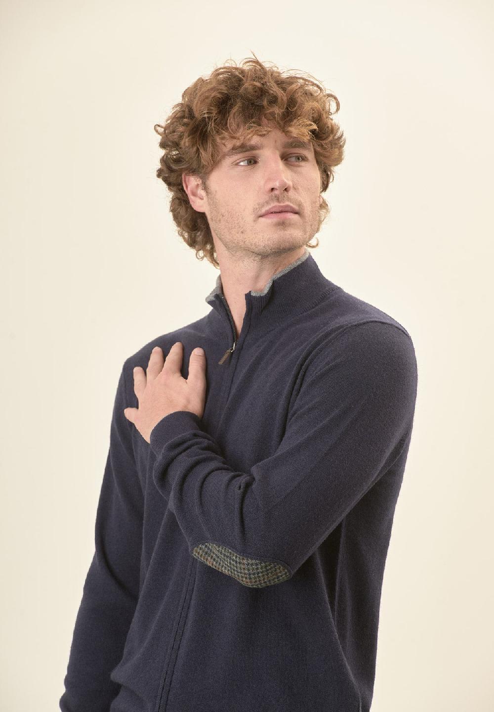 Angelico Giacca Zip Blu Navy Toppe Misto Cashmere