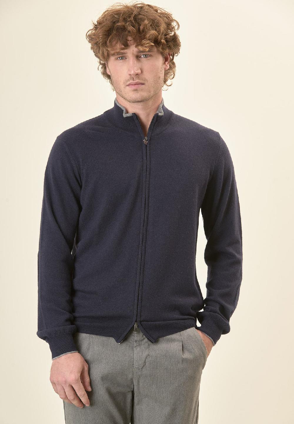 Angelico Giacca zip blu navy toppe misto cashmere