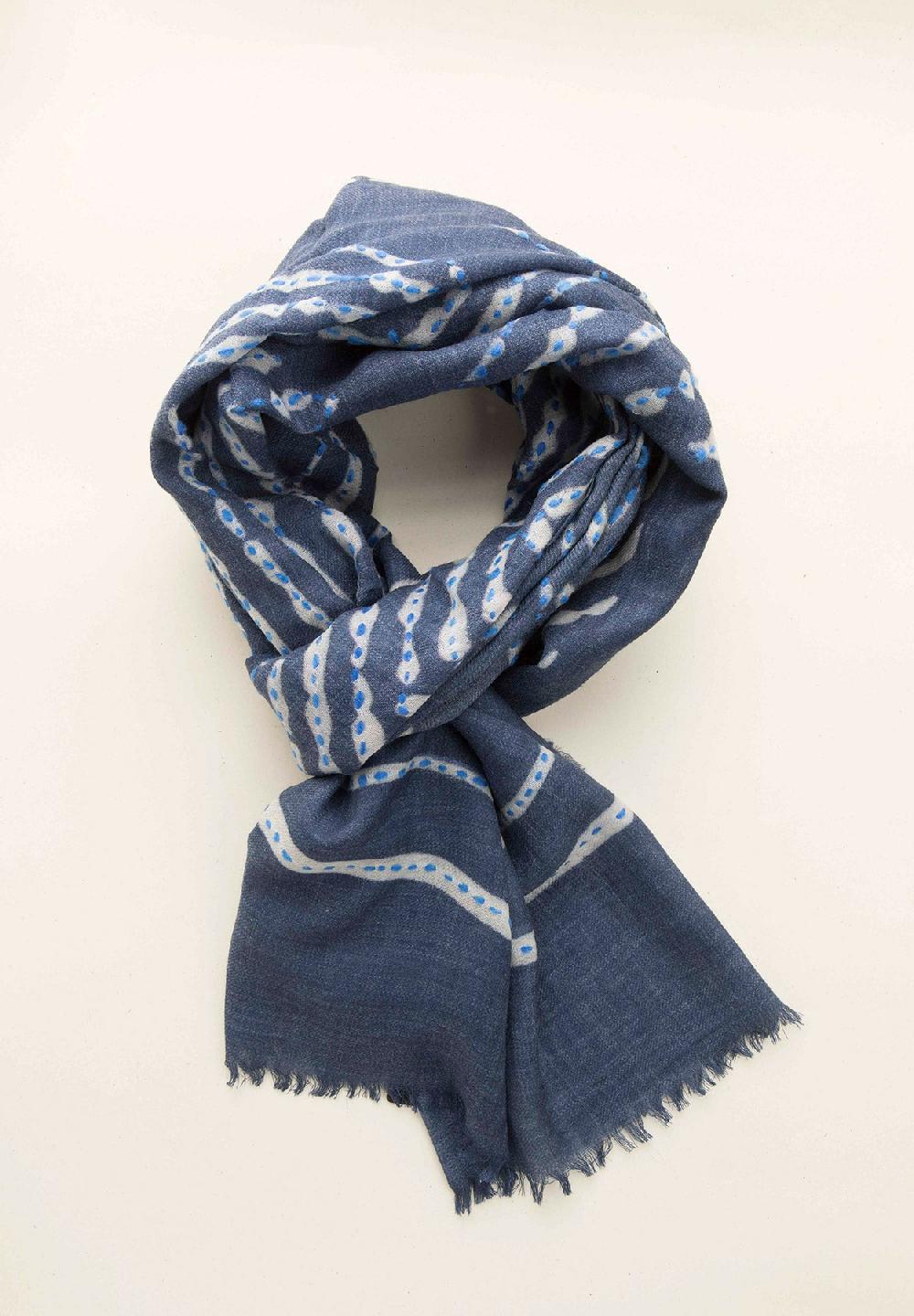 Angelico Sciarpa blu ricamo azzurro lana frange