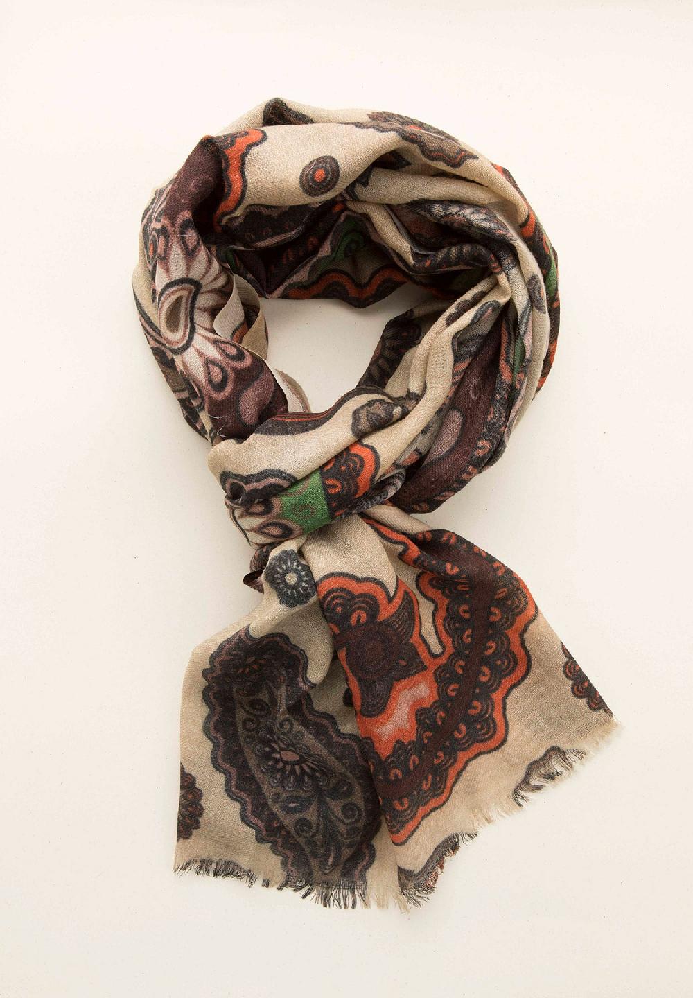 Angelico Sciarpa ecrù fantasia azzurra lana frange