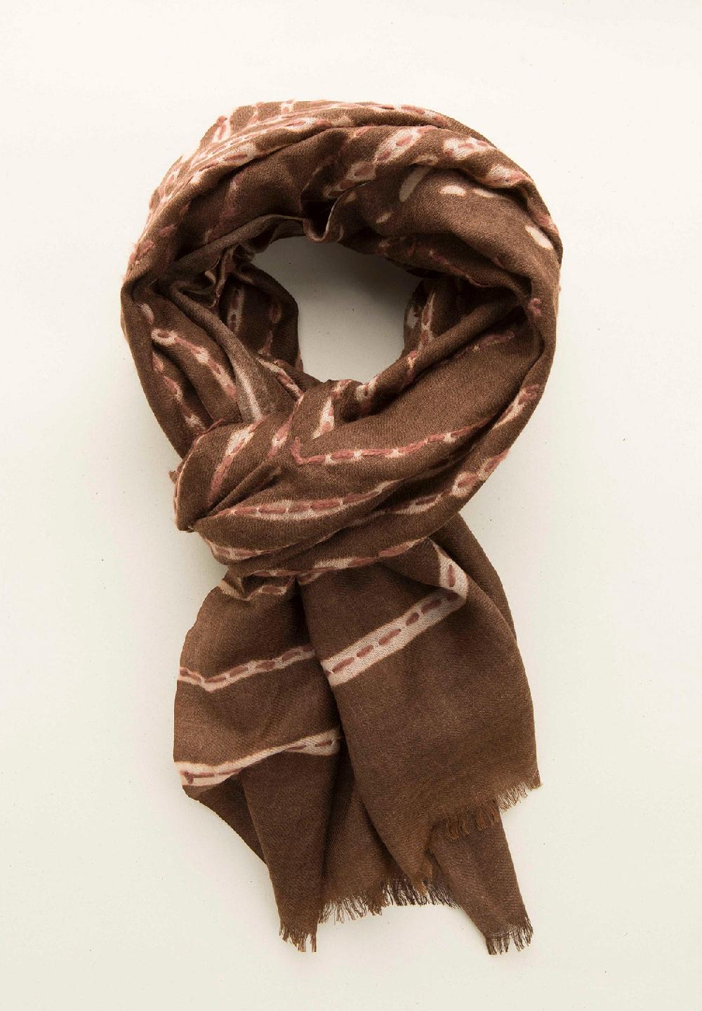 Angelico Sciarpa marrone ricamo beige lana frange