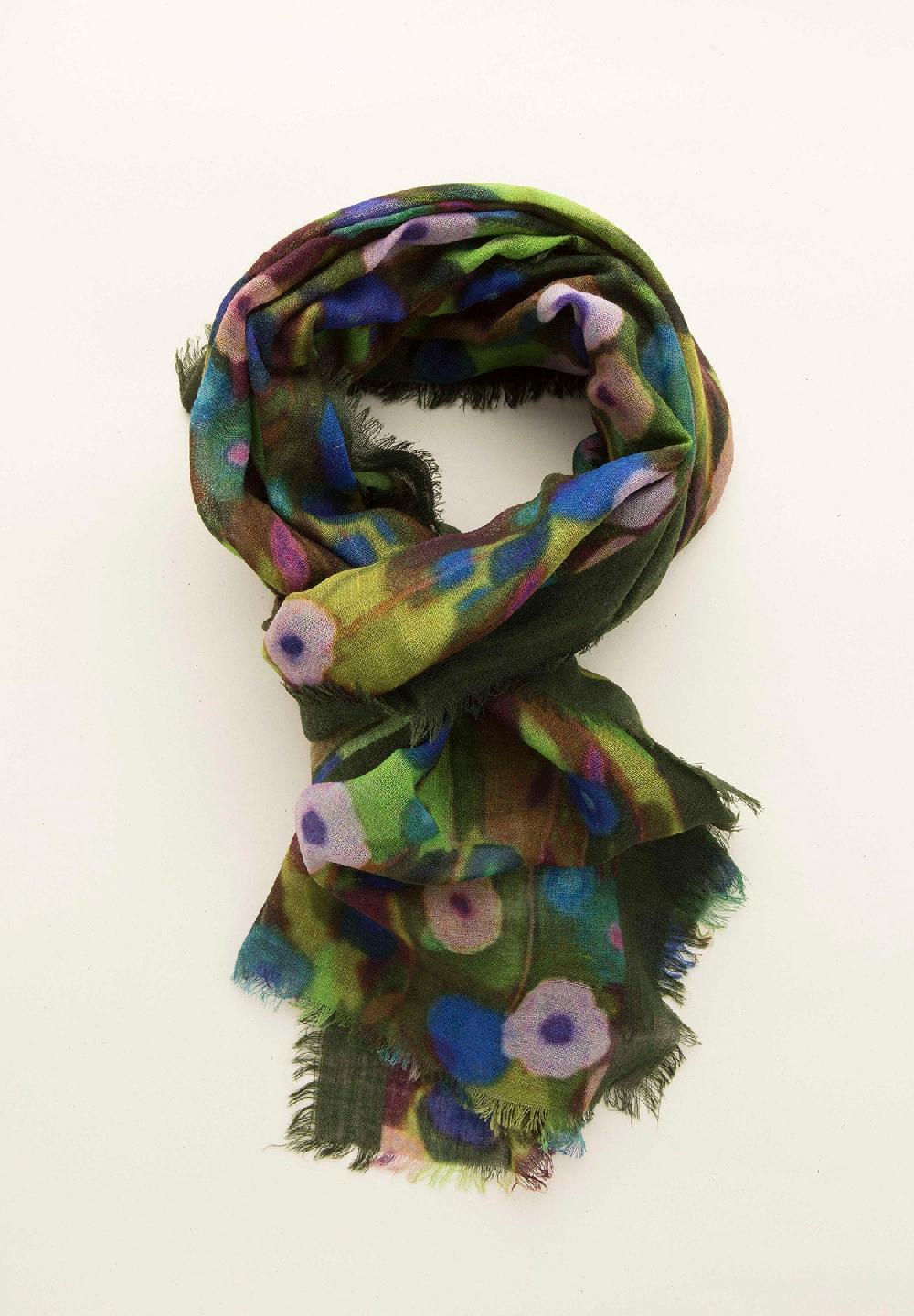 Angelico Stola verde fantasia fiori lana frange