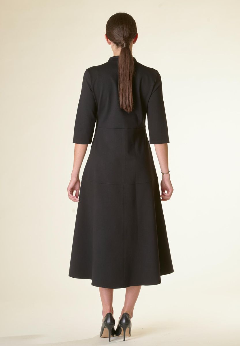 Angelico Vestito Nero V Midi Svasato Con Cintura