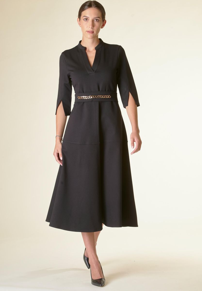 Angelico Vestito Nero V Midi Svasato Con Cintura