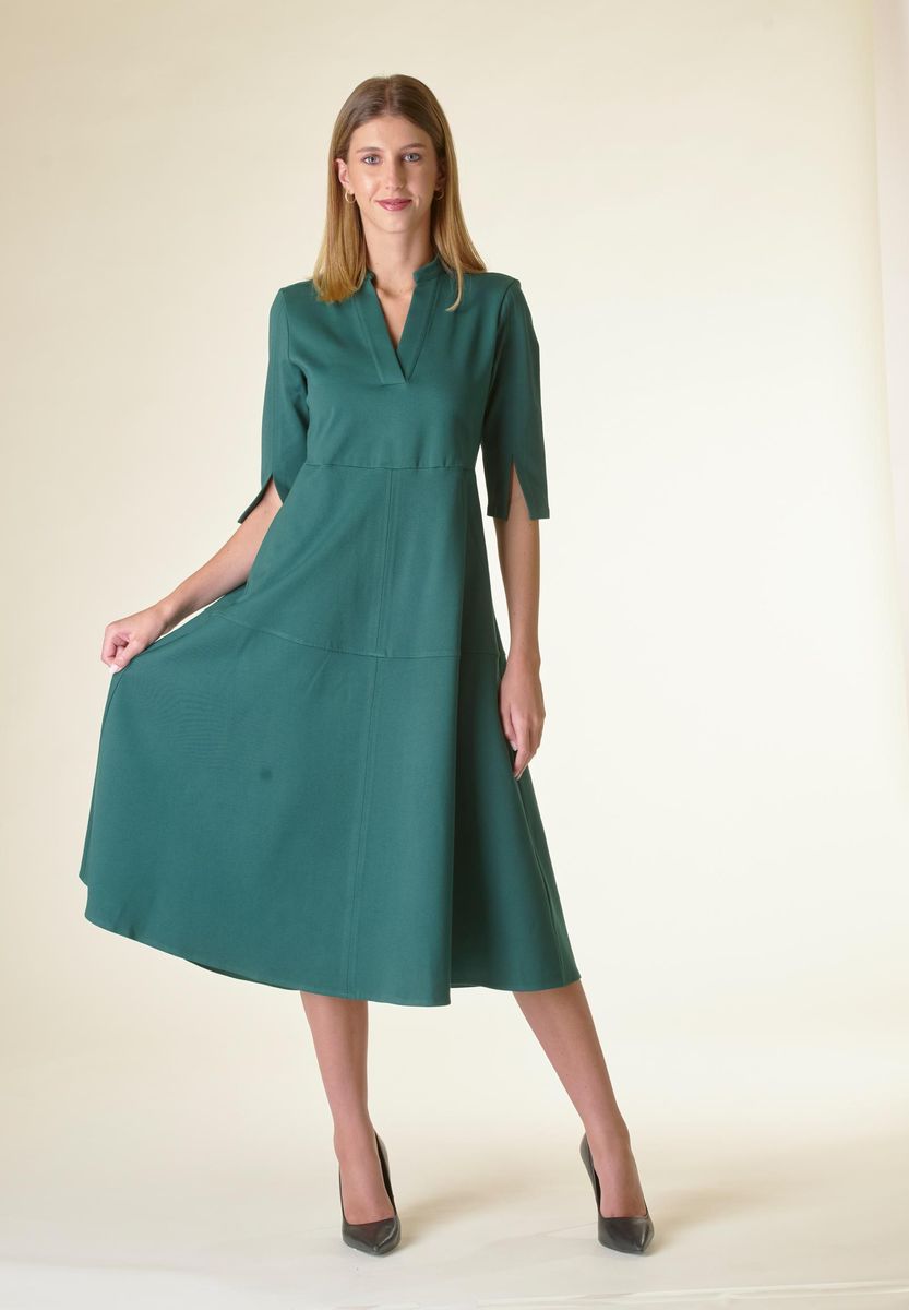Angelico Vestito Verde V Midi Svasato Con Cintura