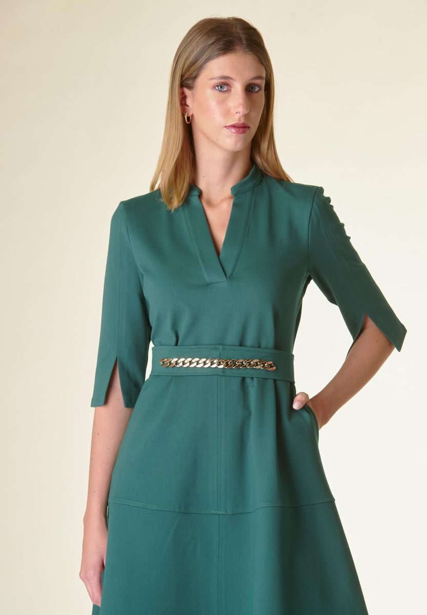 Angelico Vestito Verde V Midi Svasato Con Cintura