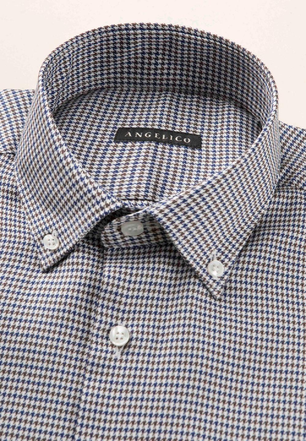 Angelico Camicia Blu Marrone Pied De Poulè Cotone Regular Fit
