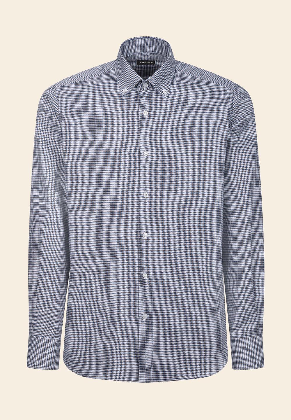 Angelico Camicia blu marrone pied de poulè cotone regular fit