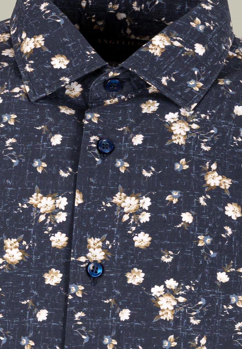 Angelico Camicia Blu Stampata Fiori Beige Custom Fit