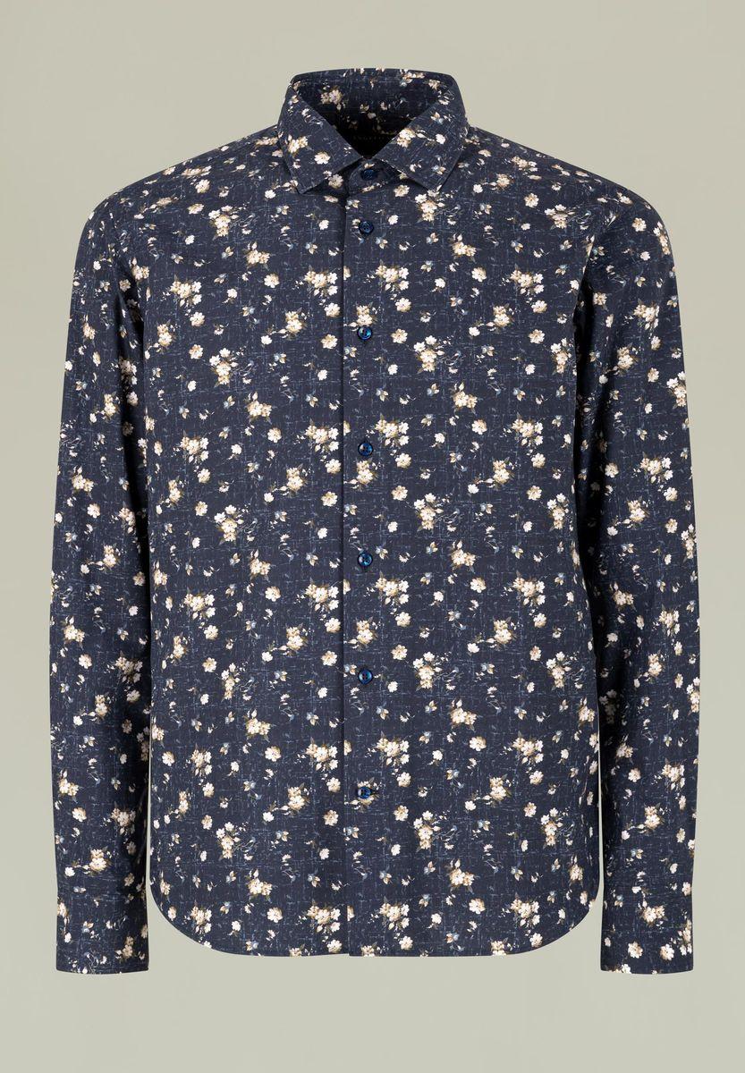 Angelico Camicia blu stampata fiori beige custom fit
