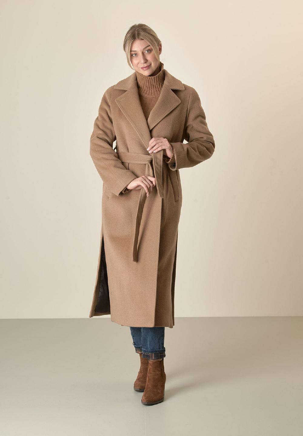 Angelico Cappotto Cammello Vestaglia Con Cintura Lana Cashmere