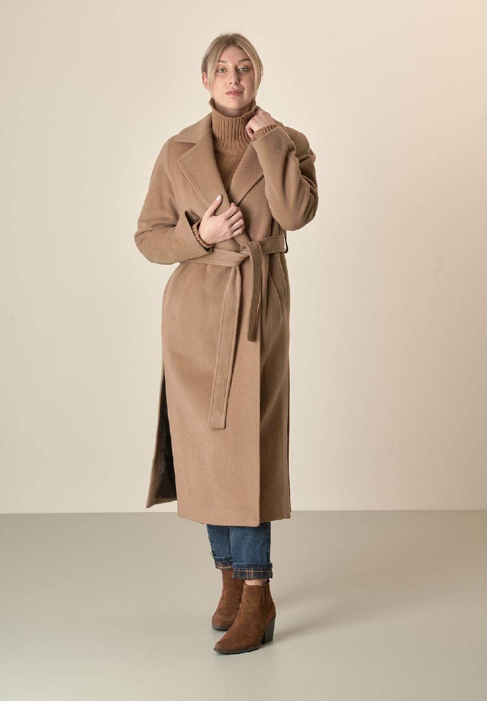 Angelico Cappotto Cammello Vestaglia Con Cintura Lana Cashmere