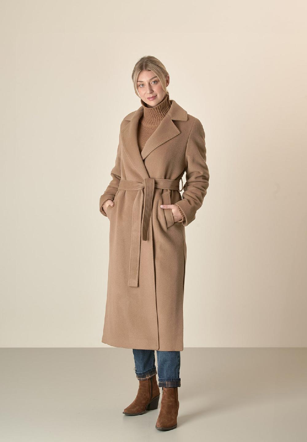 Angelico Cappotto cammello vestaglia con cintura lana cashmere