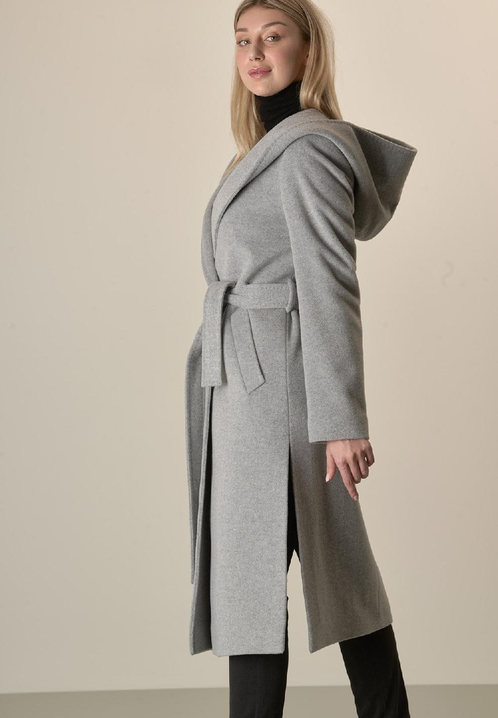 Angelico Cappotto Grigio Chiaro Cappuccio E Cintura Lana Cashmere