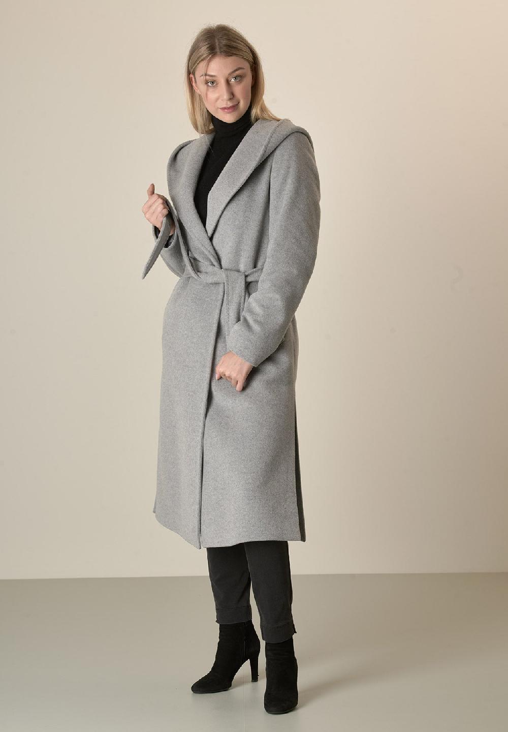Angelico Cappotto Grigio Chiaro Cappuccio E Cintura Lana Cashmere