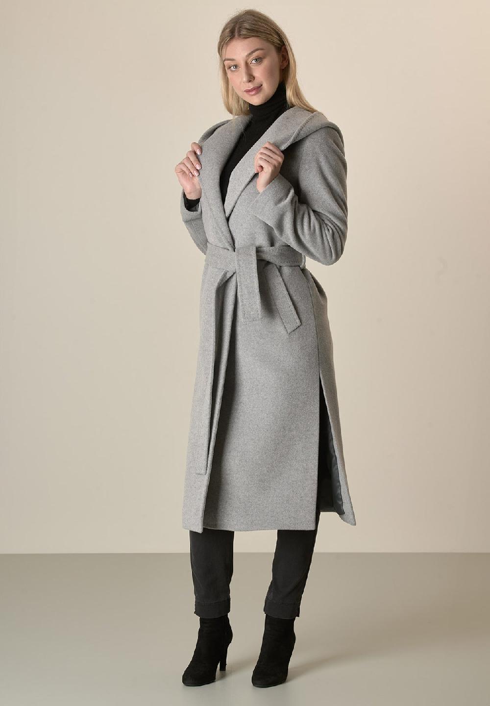Angelico Cappotto Grigio Chiaro Cappuccio E Cintura Lana Cashmere