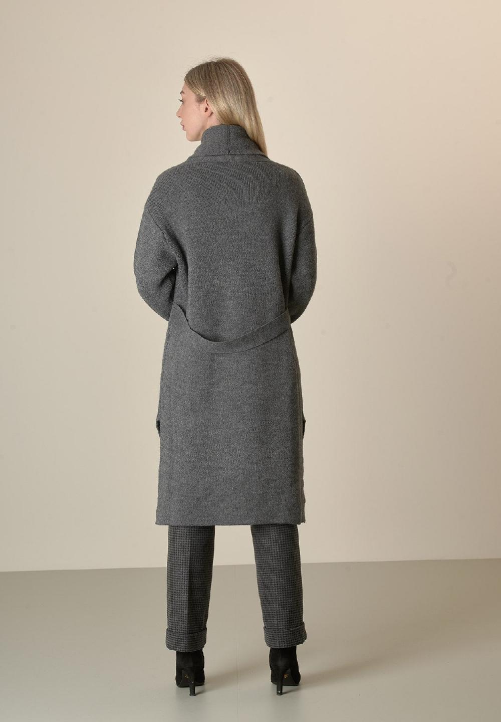 Angelico Cappotto In Maglia Antracite Misto Cashmere Con Frange