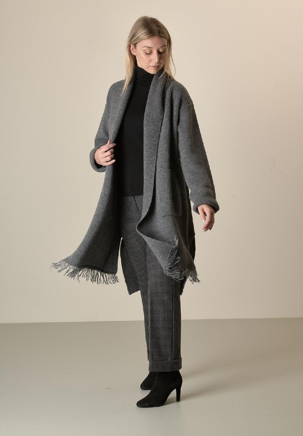 Angelico Cappotto In Maglia Antracite Misto Cashmere Con Frange
