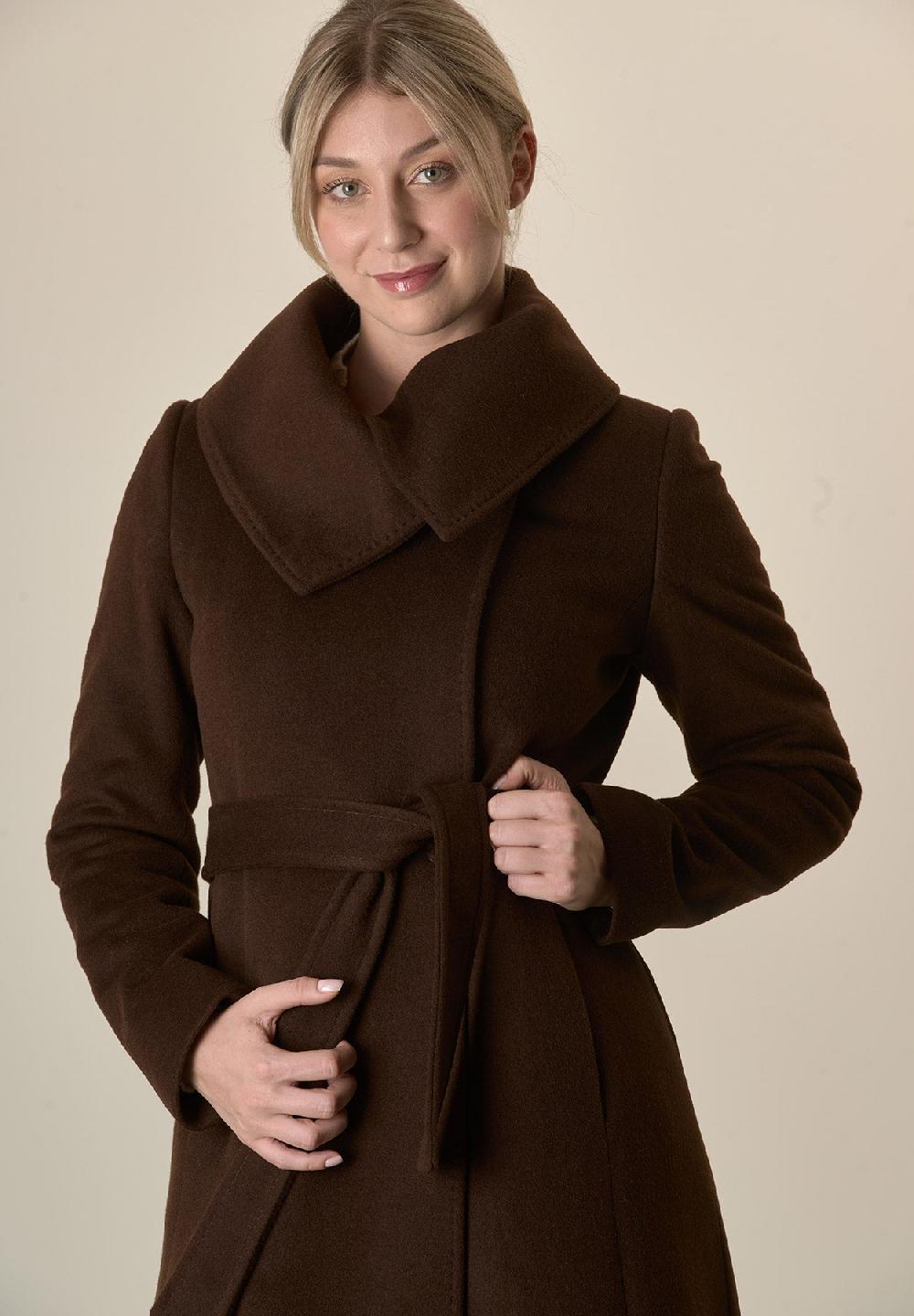 Angelico Cappotto Moro Collo Anello E Cintura Lana Vergine Cashmere