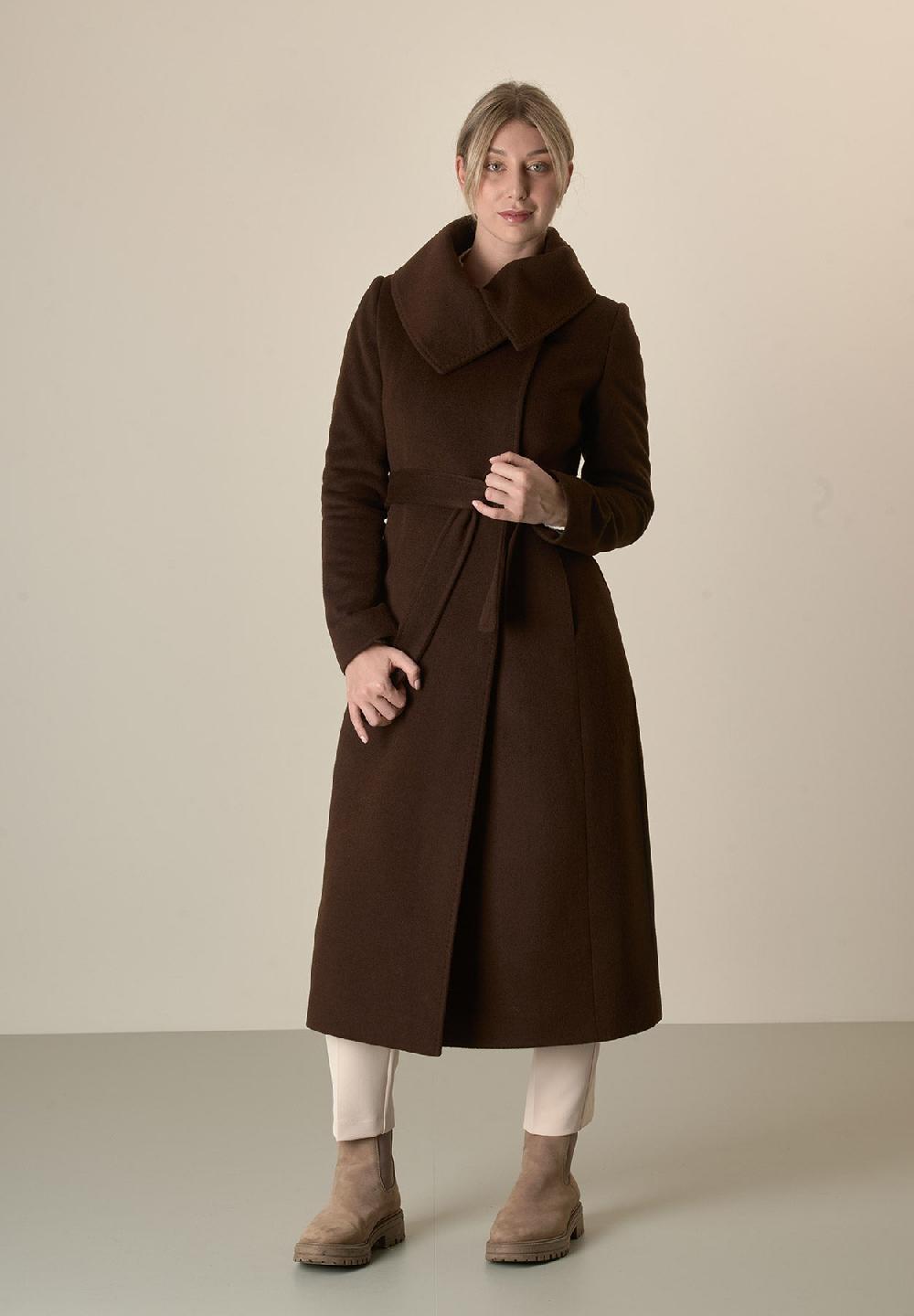 Angelico Cappotto Moro Collo Anello E Cintura Lana Vergine Cashmere