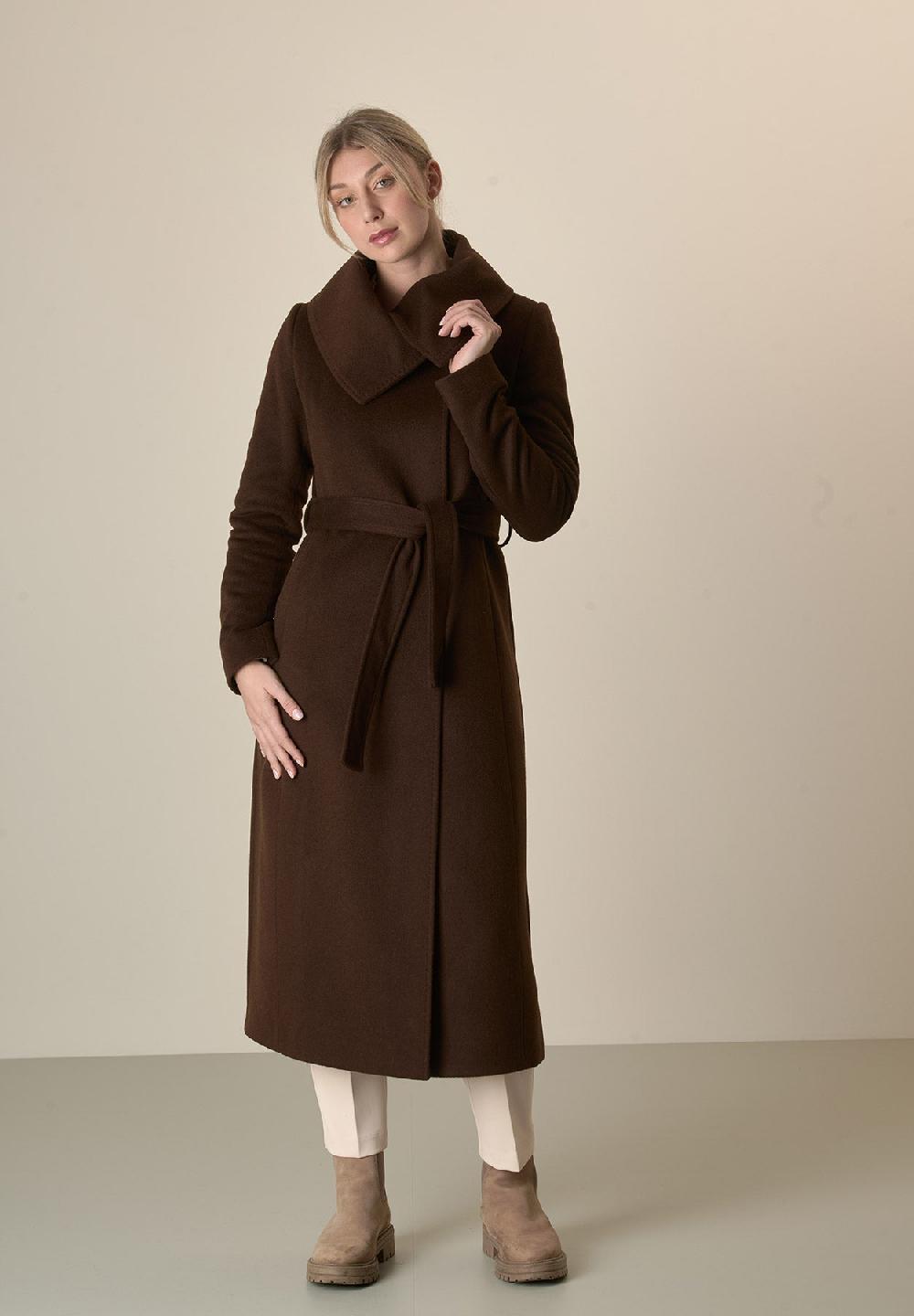 Angelico Cappotto moro collo anello e cintura lana vergine cashmere